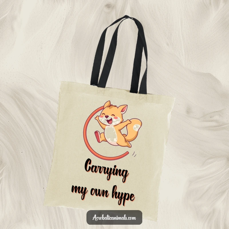 Funny tote bag showcasing an agile animal with joyful abandon, leaping through a hoop. Ideal for carrying your essentials with a smile.