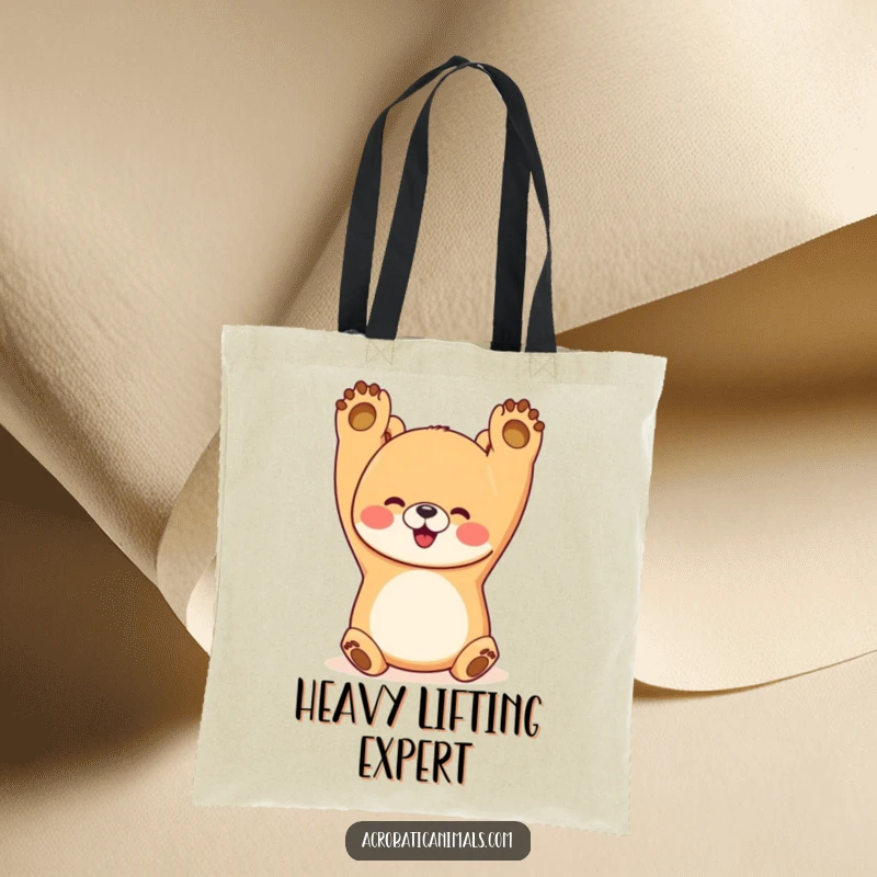 Funny bear tote bag with a happy bear performing a perfect handstand, paws up, for carrying essentials with humorous strength.