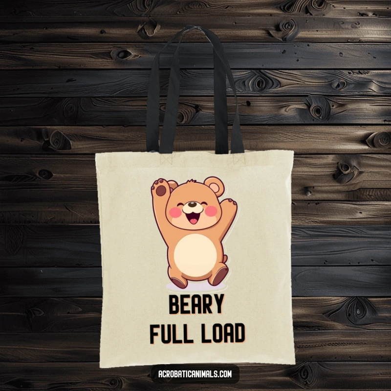 Funny Bear Somersault Tote Bag: Features a happy bear somersaulting with a wide smile, ideal for carrying items with a humorous and joyful spirit.
