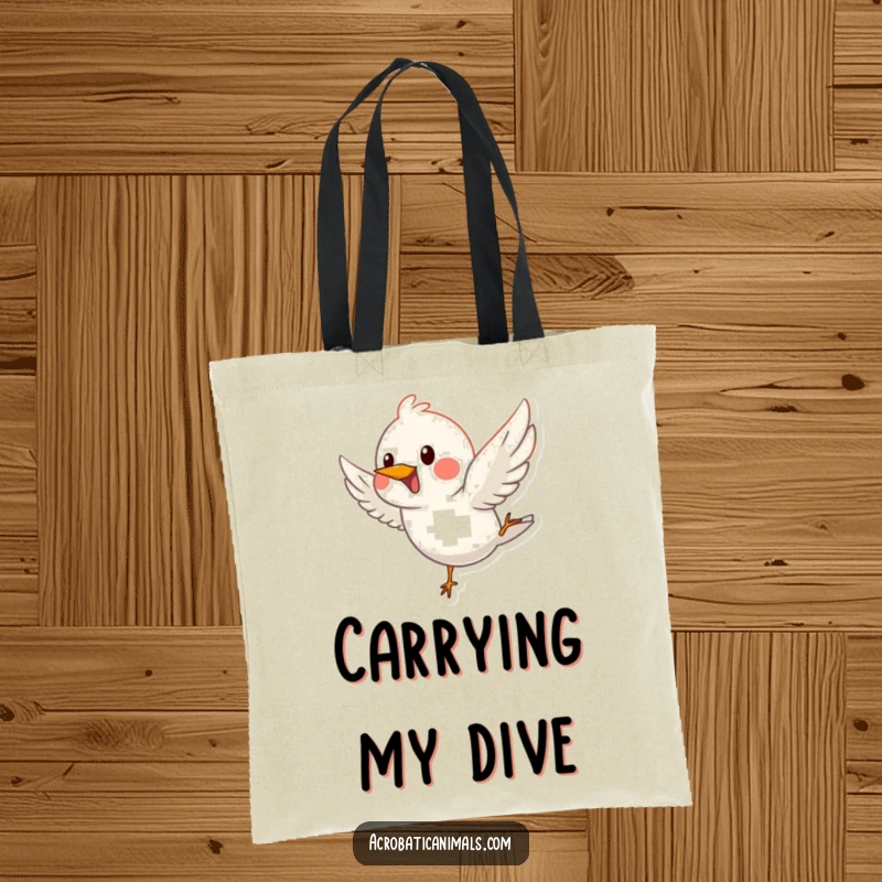 Funny tote bag featuring a happy bird performing a graceful dive, adding a touch of whimsy to your errands.