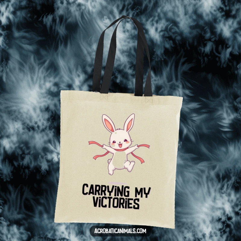 Funny Bunny Tote Bag: A cute bunny character performs a dynamic high jump with a ribbon, ideal for carrying fun.