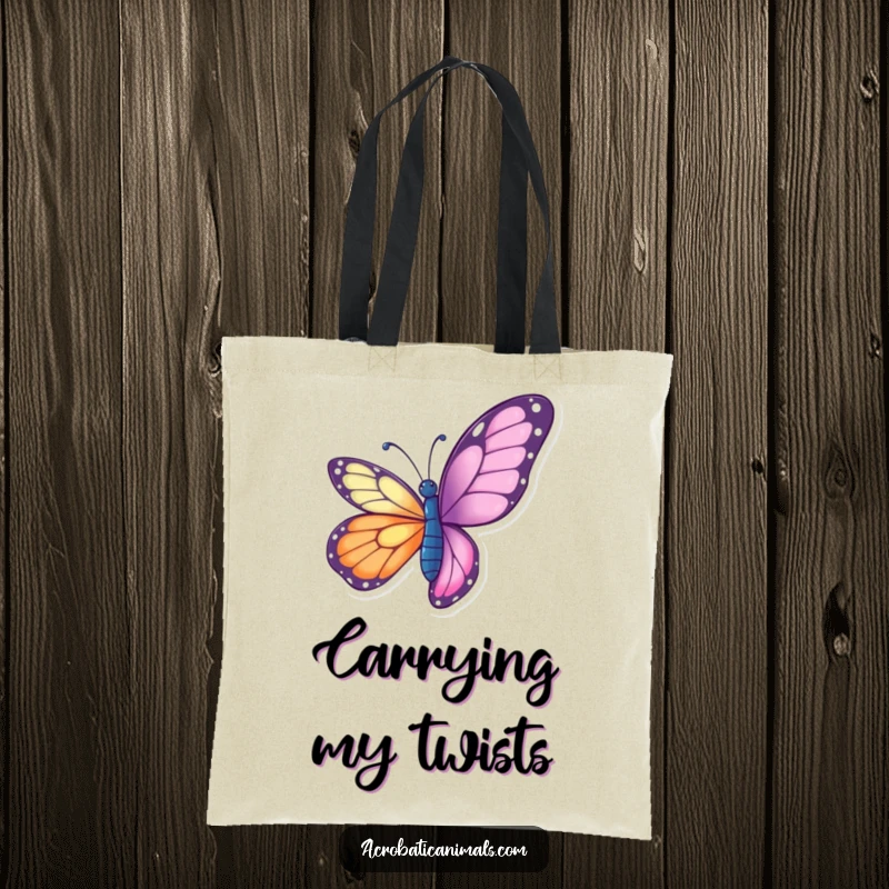 Funny butterfly tote bag featuring a vibrant butterfly doing a graceful aerial twist, ideal for carrying items with style.