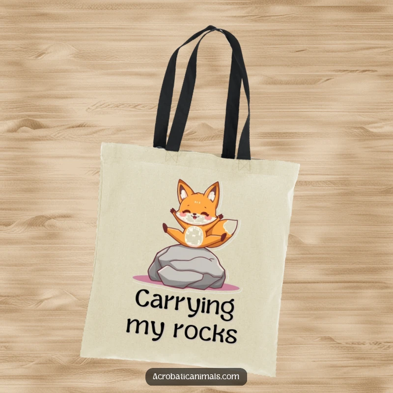 Funny tote bag with a cheerful fox character in a split on a rock, perfect for carrying essentials with style and humor.