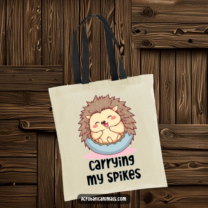 Funny tote bag with a giggling hedgehog rolling into a ball, a cute and humorous accessory for daily use.