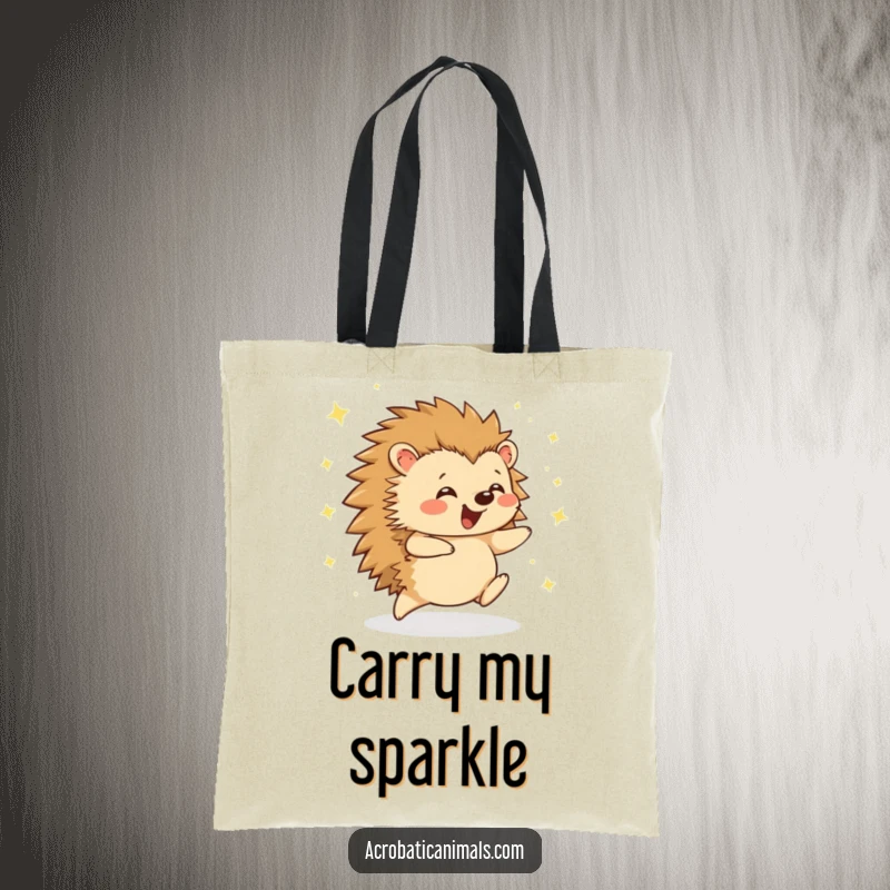 Funny hedgehog cartwheel tote bag showcasing a happy, cartwheeling hedgehog with flying sparkles. Ideal humorous accessory for everyday use.