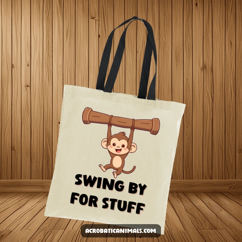 Funny monkey swinging tote bag, showing a mischievous monkey swinging from an overhead bar. Practical and humorous for everyday use, great gift.