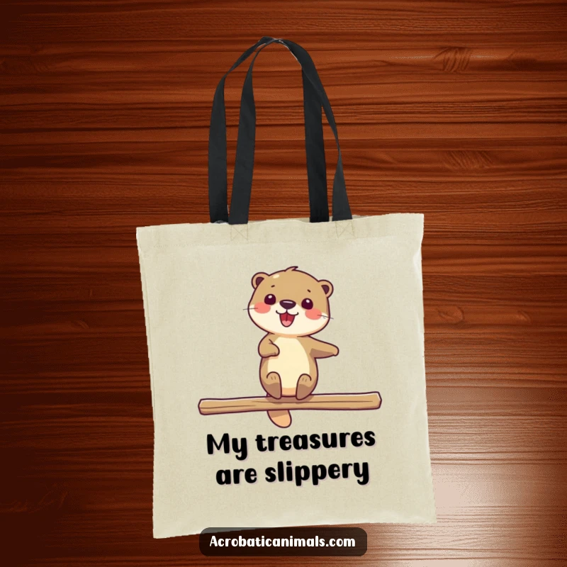 Funny tote bag with a delighted otter spinning on a beam, great for carrying items with a playful, water-themed spirit. Perfect gift.
