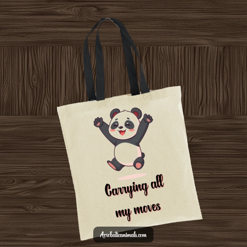 Funny Panda Acrobat Tote Bag: Features a joyful panda performing a split jump, ideal for carrying daily items with a touch of humor and style.
