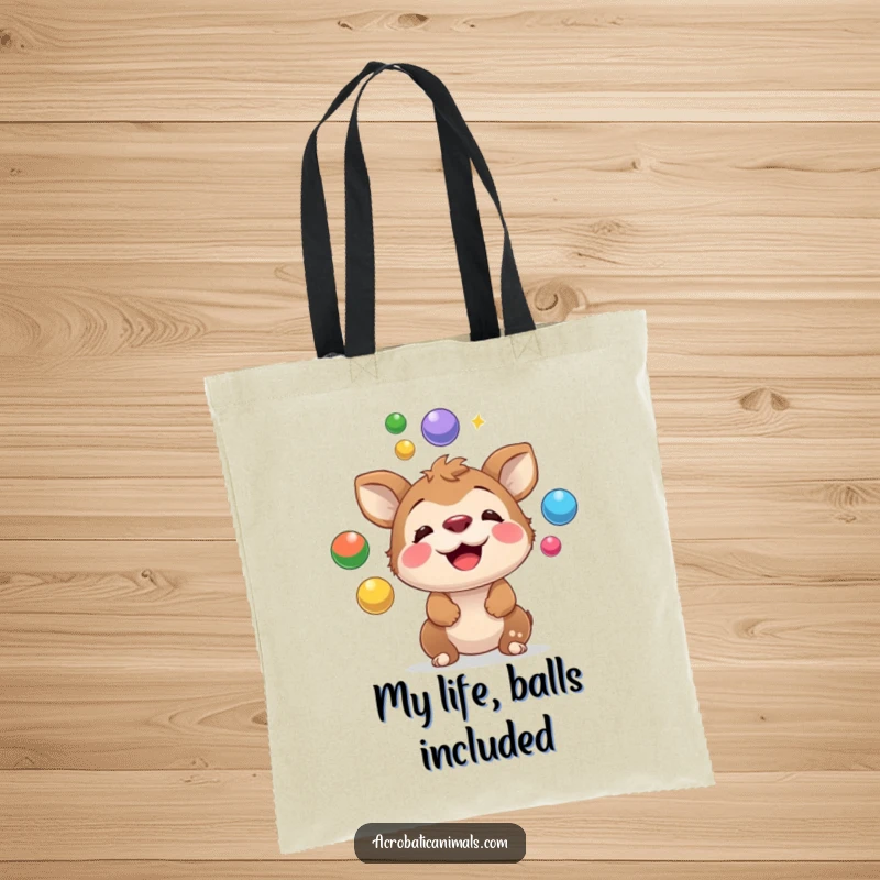 Funny tote bag featuring a playful animal balancing and juggling colorful balls on its nose, perfect for carrying your everyday items with flair.