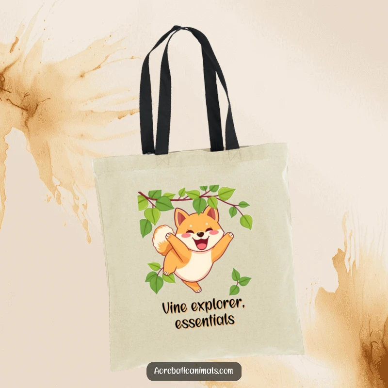 Funny Shiba Inu tote bag with a happy puppy swinging on a vine, practical and humorous, an excellent funny gift.