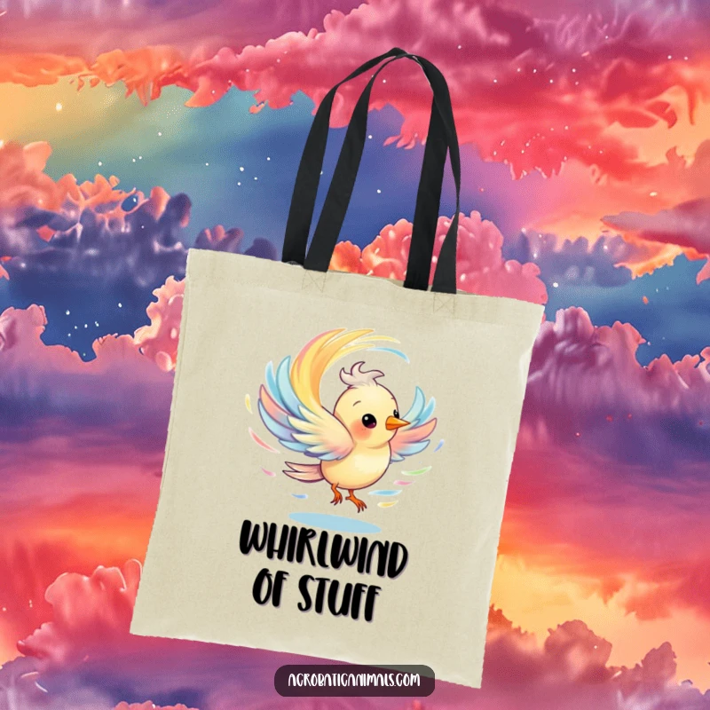 Funny tote bag depicting a bird in mid-spin, generating a mesmerizing colorful whirlwind, perfect for stylish carrying.
