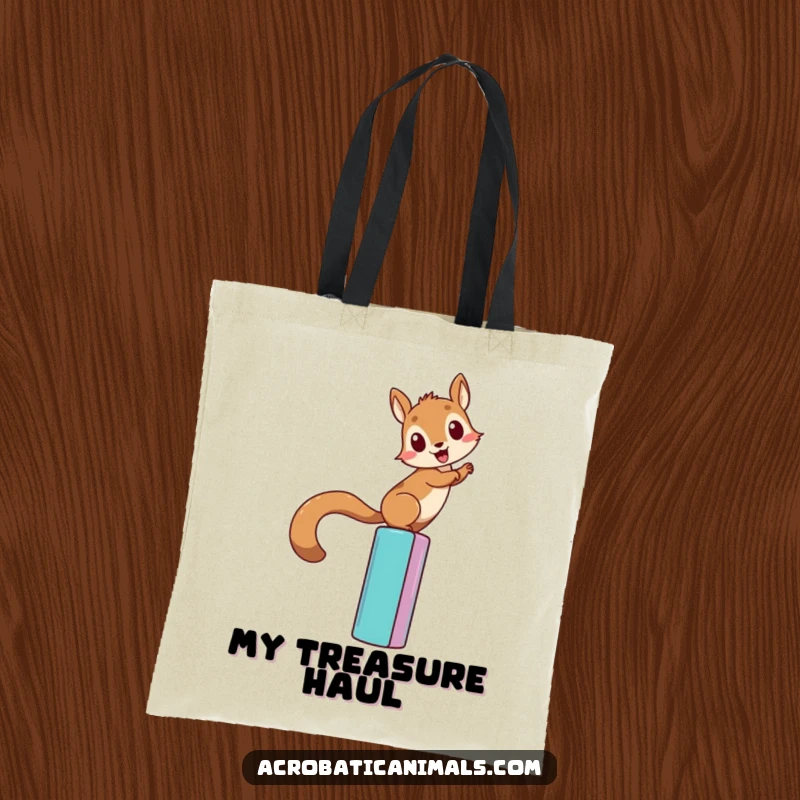 Funny squirrel climbing tote bag, showing a determined squirrel ascending a vibrant bar. A practical and humorous gift for the ambitious.