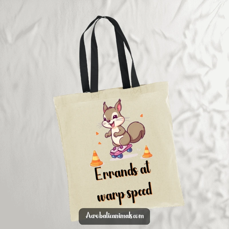 Funny tote bag featuring a hyperactive squirrel on roller skates, dynamically weaving through cones, ready for any task.