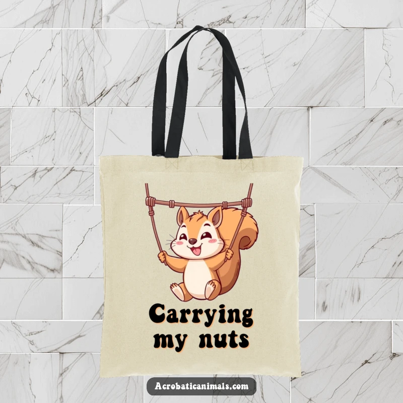 Funny tote bag featuring a mischievous squirrel executing a trapeze swing, a functional and humorous accessory for daily use.