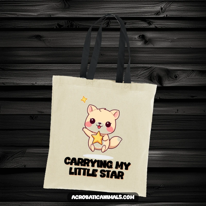 Funny Tote Bag: A small animal balancing a star on its paw, perfect for carrying items with a touch of ambition.