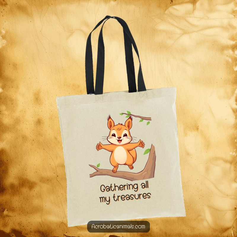 Funny squirrel leaping on a tote bag, showcasing its playful nature and energetic spirit, a perfect funny gift idea.