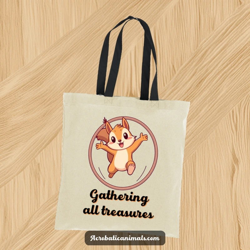 Funny tote bag with a determined squirrel leaping through a hoop, great for carrying items with a goal-oriented, humorous spirit. Perfect gift.