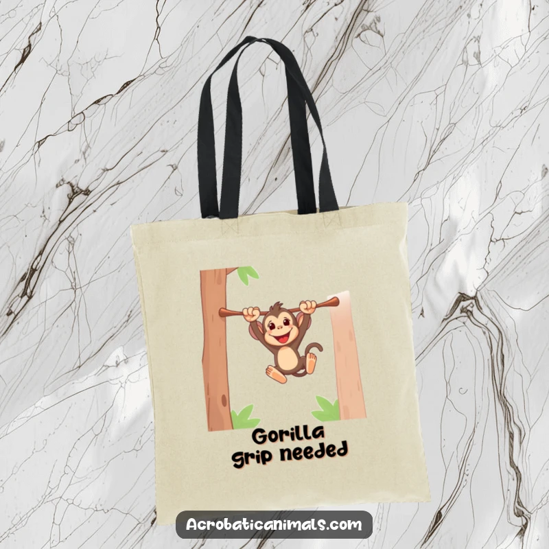 Funny tote bag with an energetic monkey swinging from a bar, great for carrying items with a playful, adventurous spirit. Perfect gift.