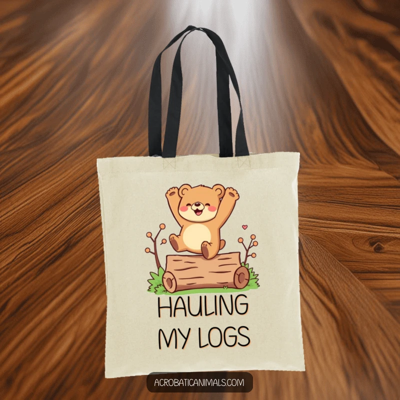 Funny tote bag with a joyful bear character doing a cartwheel over a log, perfect for carrying smiles and essentials.