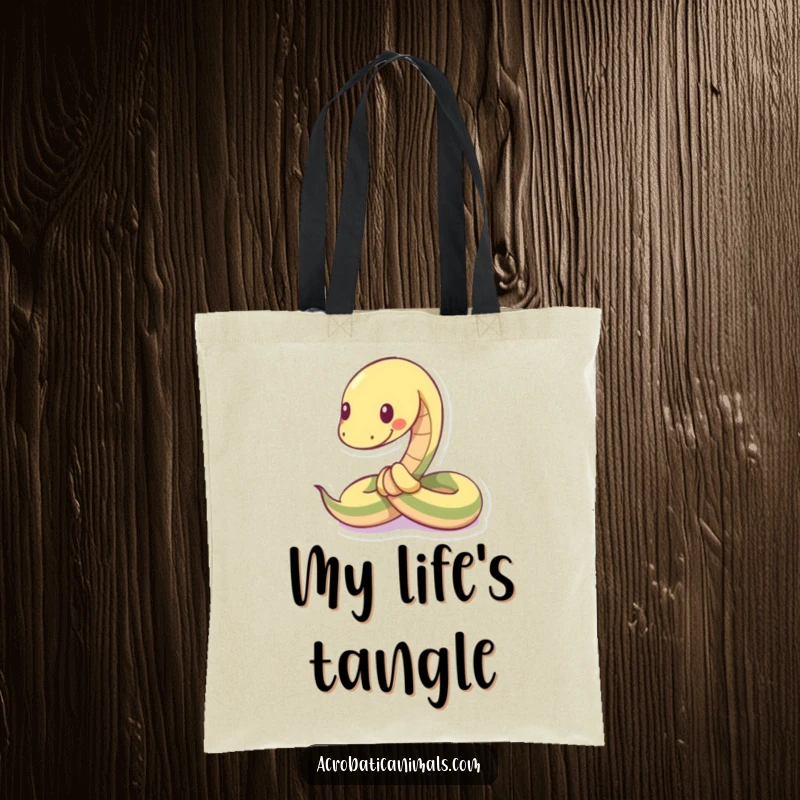 Funny tote bag showcasing a flexible snake character tied into a playful knot, ideal for carrying items with personality.