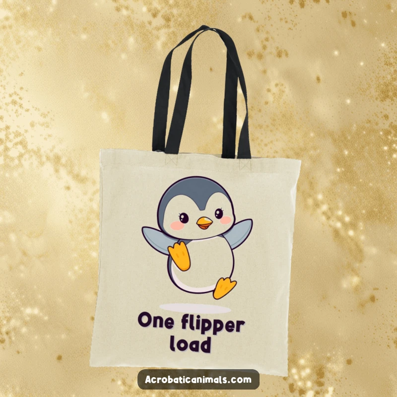 Funny Penguin Flipper Balance Tote Bag: Features a leaping penguin balancing on one flipper, ideal for carrying items with a humorous and elegant touch.