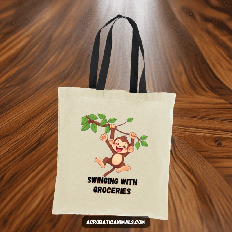 Funny Monkey Vine Swing Tote Bag: Features a delighted monkey swinging from a vine, ideal for carrying items with a humorous and adventurous spirit.